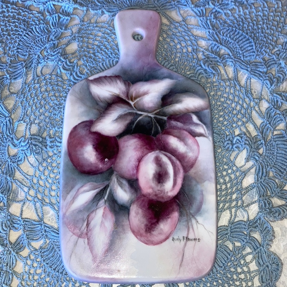 HANDCRAFTED PORCELAIN CUTTING BOARD, beautifully hand painted plums $25